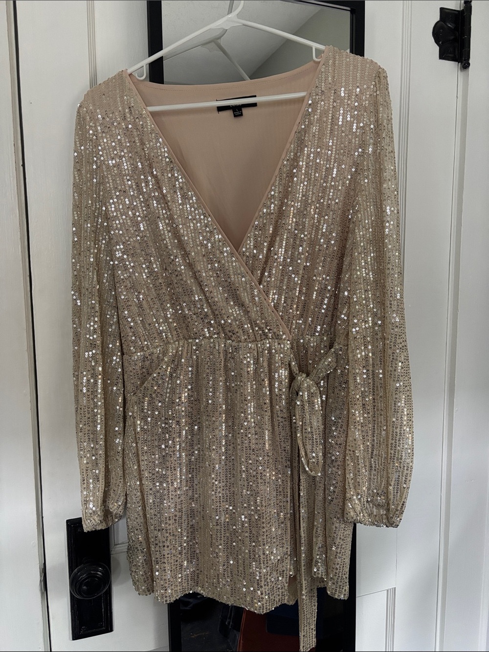 Lulu's Champagne Sequin Wrap Long Sleeve Dress